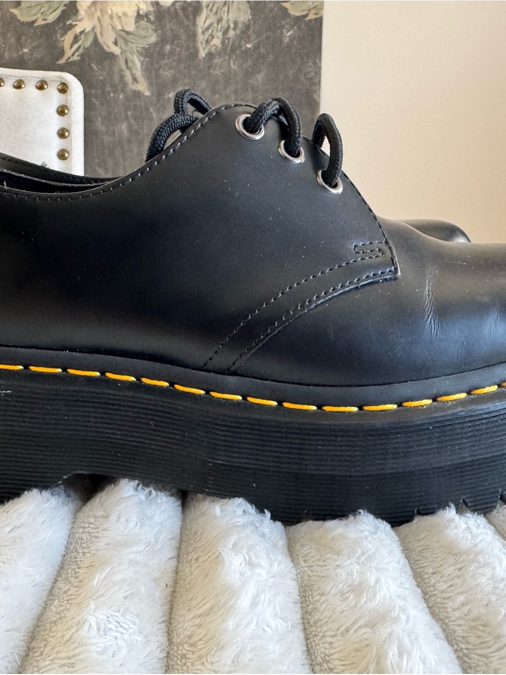 Dr. Martens Black Platform Lace-Up Boots with Yellow Stitching - Picture 2 of 7
